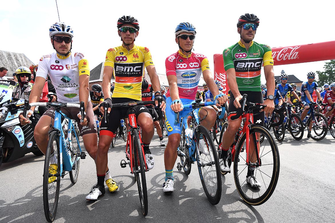 The jersey wearers of the Tour de Wallonie line up ahead of stage 5
