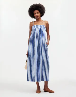 MW, Ruffle A-Line Midi Dress in Stripe Poplin