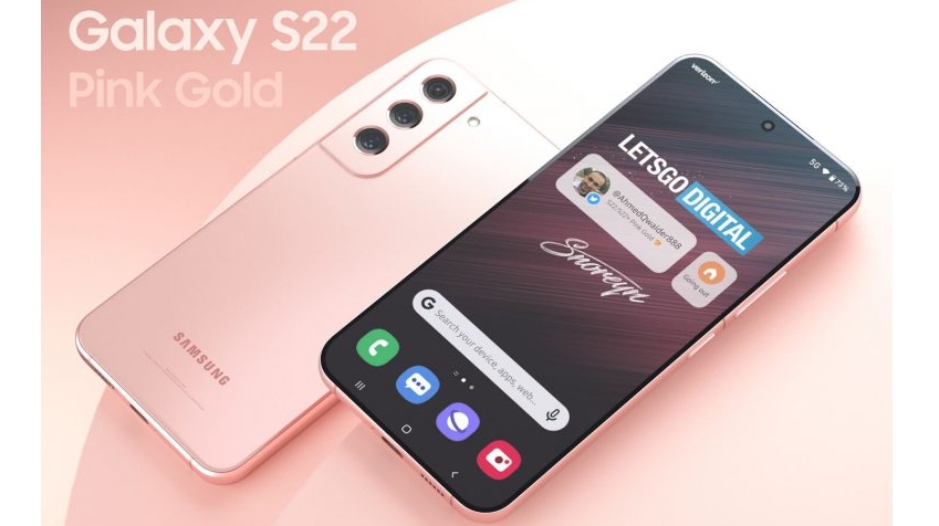 A leaked image of the Samsung Galaxy S22 in a pink gold shade