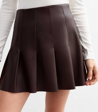 New Look, Brown Leather-Look Pleated Mini Skir