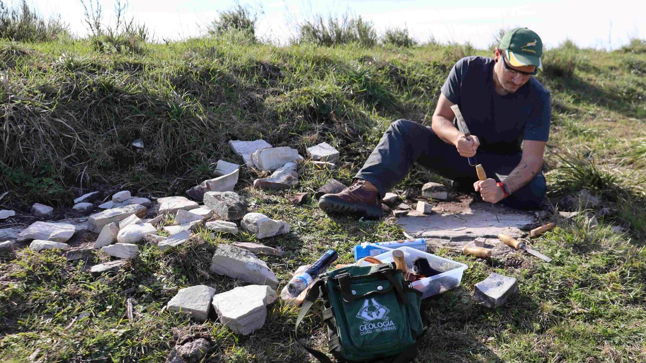 A researcher chips away at the fossil-filled rock layers at the site.