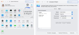 To change the system language, choose System Preferences on the Mac Dock, then select Languages & Regions. Highlight the language you want to use.