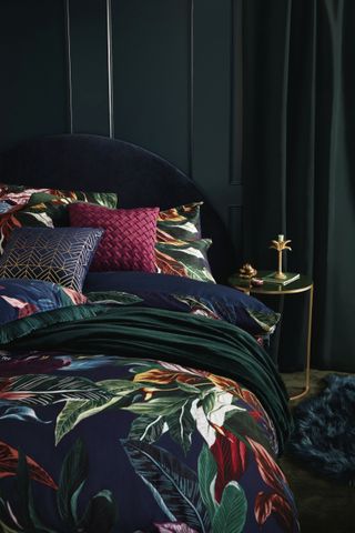 Primark moody bedding with dark florals and cushions