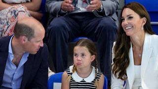 Prince William, Duke of Cambridge, Princess Charlotte of Cambridge and Catherine, Duchess of Cambridge attend the Sandwell Aquatics Centre during the 2022 Commonwealth Games on August 02, 2022 in Birmingham, England.