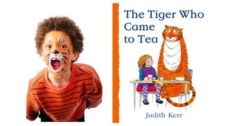 World book day illustrated by Image of boy dressed tiger and Tiger Who Came To Tea book for World Book Day Ideas