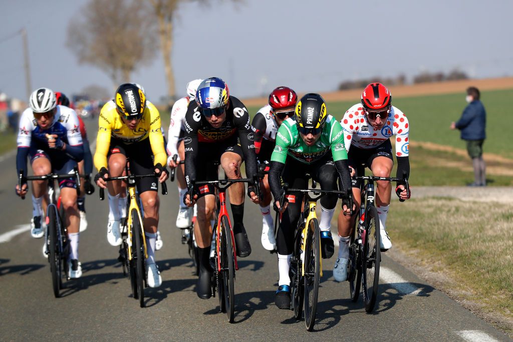 ORLEANS FRANCE MARCH 07 LR Christophe Laporte of France yellow leader jersey Wout Van Aert of Belgium Primoz Roglic of Slovenia and Team Jumbo Visma green points jersey and Matthew Holmes of United Kingdom and Team Lotto Soudal polka dot mountain jersey compete during the 80th Paris Nice 2022 Stage 2 a 1592km stage from Auffargis to Orlans ParisNice on March 07 2022 in Orleans France Photo by Bas CzerwinskiGetty Images