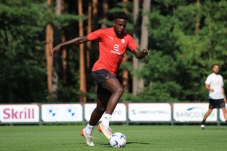 Divock Origi of AC Milan in action during AC Milan training session at Milanello on July 13, 2023 in Cairate, Italy.