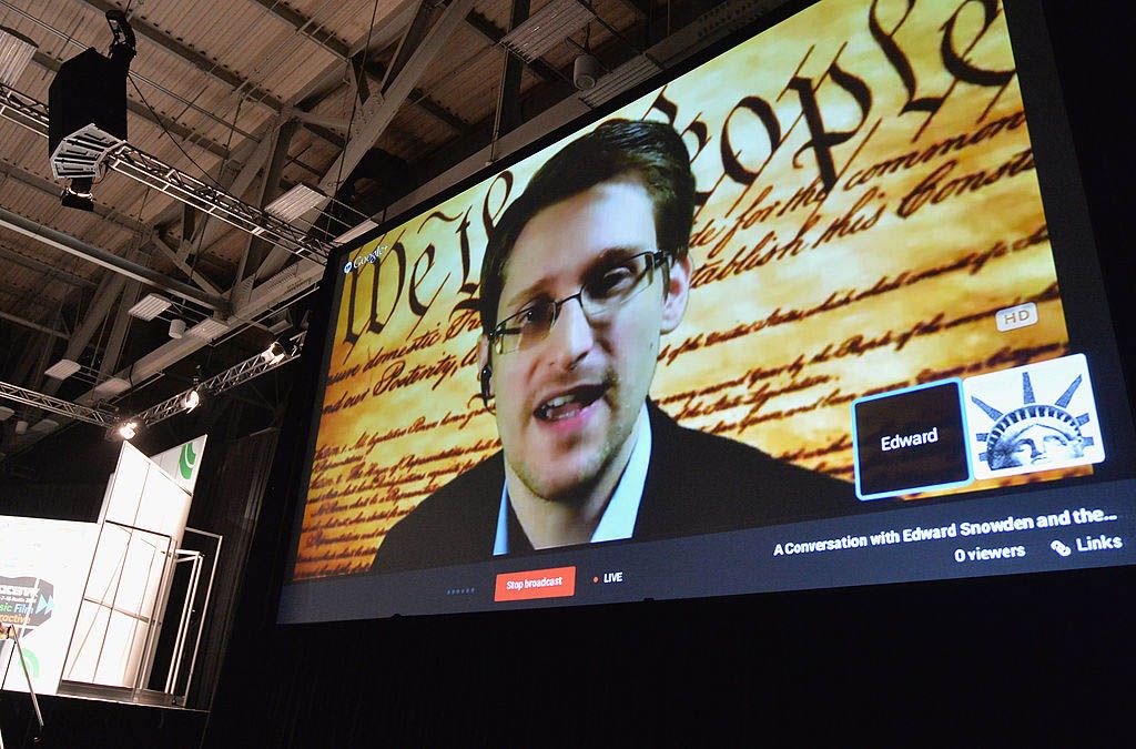 Edward Snowden speaks via videoconference during the 2014 SXSW Music, Film + Interactive Festival in Austin, Texas.