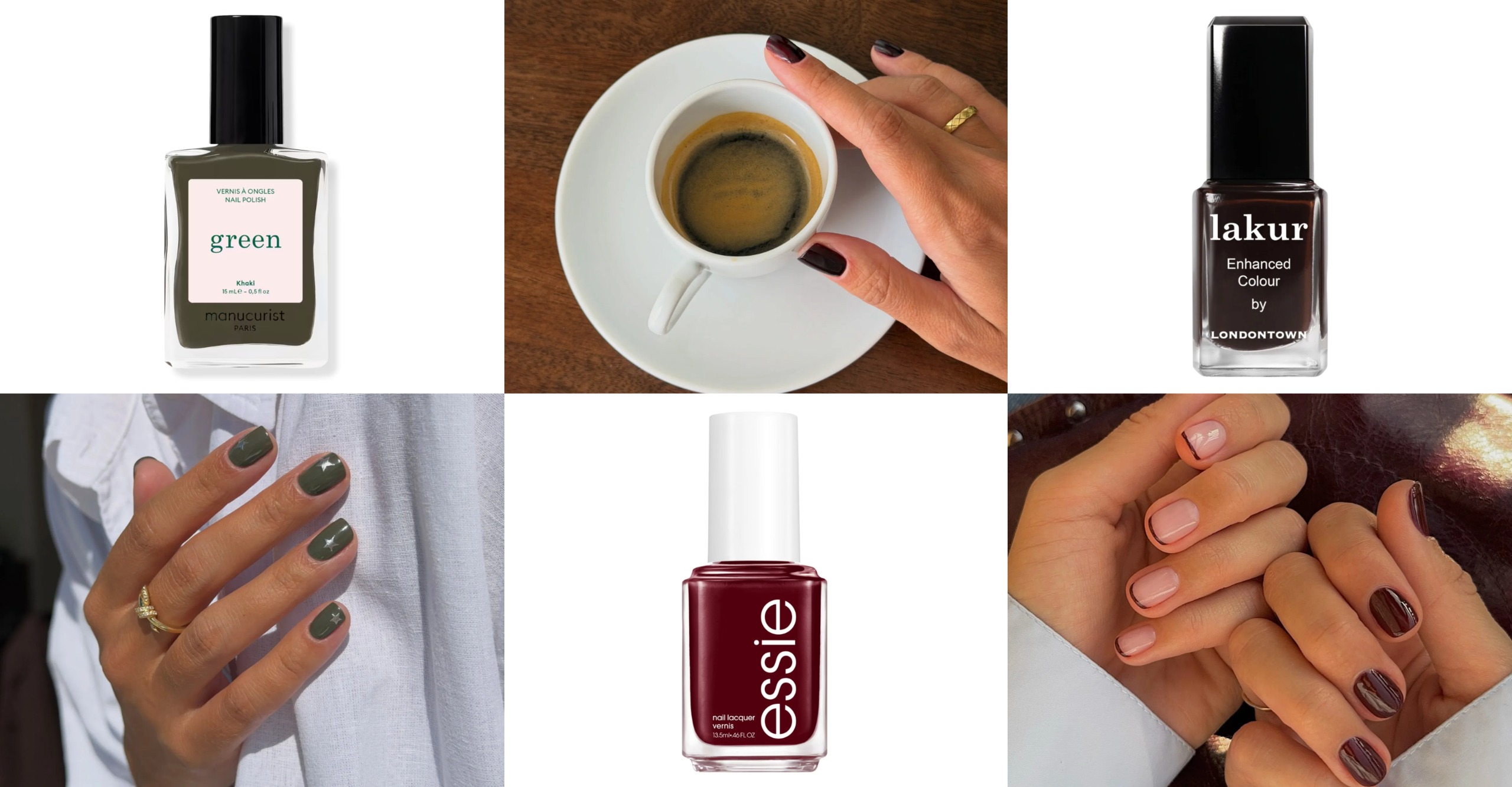 a collage of six images featuring burgundy green and brown nail designs and a coffee