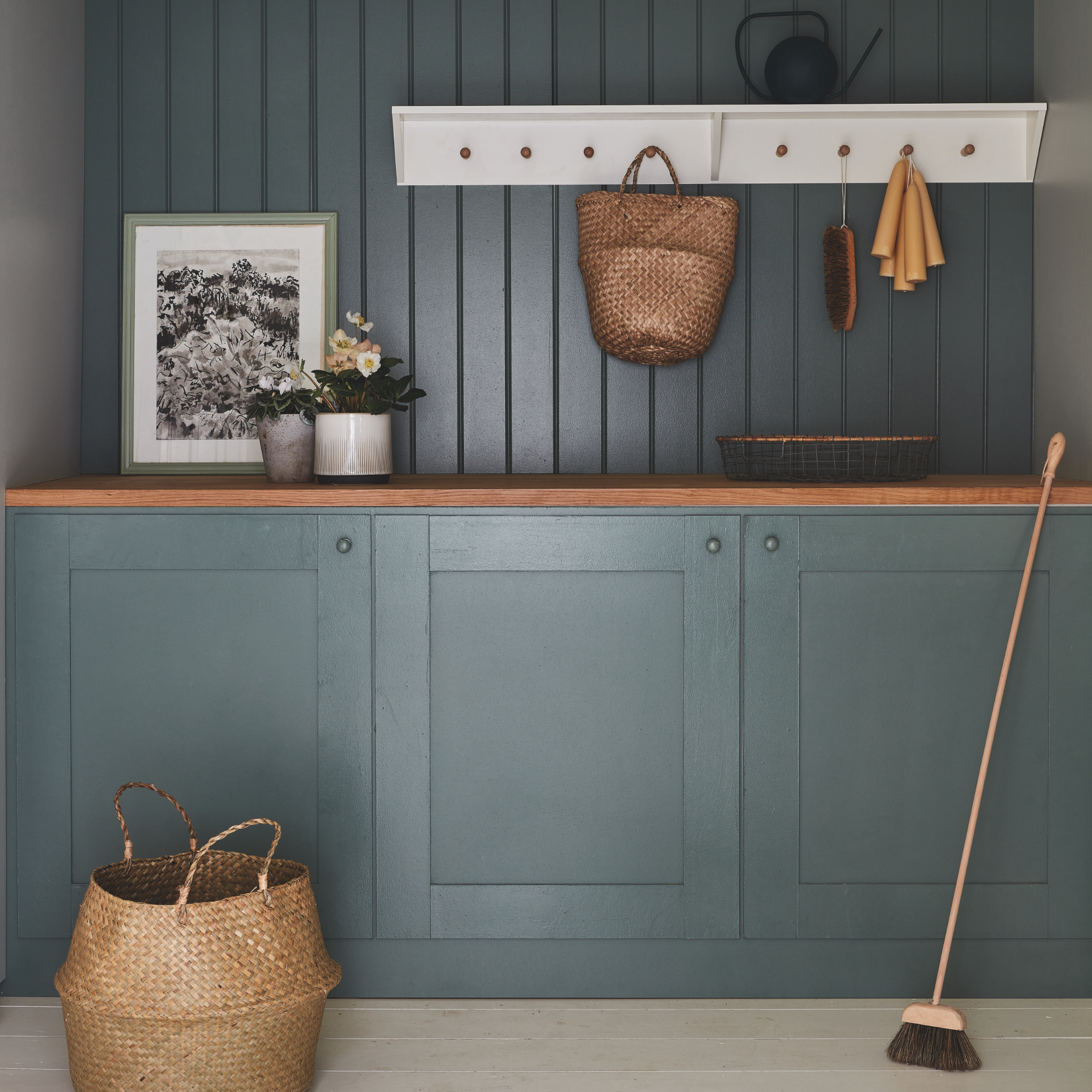 utility room colour ideas, blue green utility room with tongue and groove, wood work top, peg rail