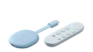 The Chromecast with Google TV and remote on a white background