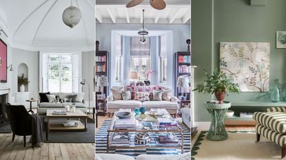 Three cool color schemes in three different living rooms, white gray, blue and green