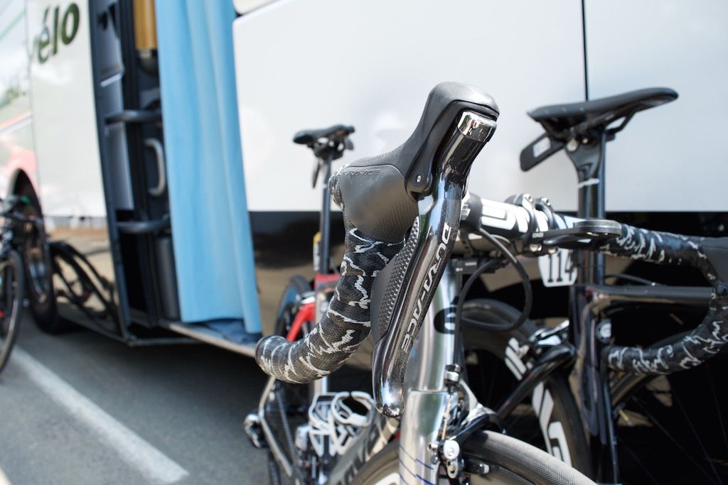 The Cervelo is equipped with Shimano Dura-Ace for shifting and braking
