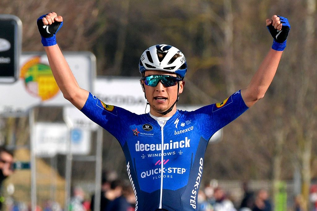 LIVRONSURDROME FRANCE FEBRUARY 28 Arrival Andrea Bagioli of Italy and Team Deceuninck QuickStep Celebration during the 9th Royal Bernard Drome Classic 2021 a 1792km race from Livron sur Drome to Livron sur Drome bouclesclassic BDA21 on February 28 2021 in LivronsurDrome France Photo by Bruno BadeGetty Images