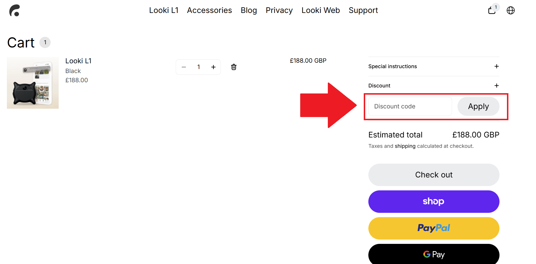 A screenshot of the Looki checkout page showing where to enter a Looki Promo code