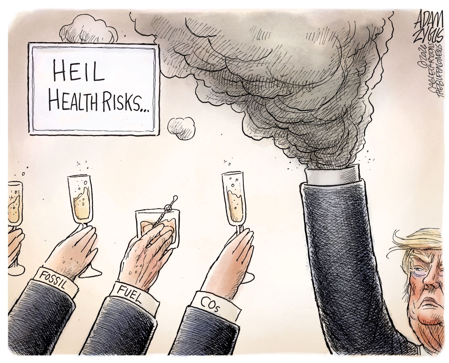 
                                This cartoon is titled “Heil Health Risks.” Donald Trump raises his arm in a Nazi-like salute and his hand is drawn as a large smokestack billowing smoke. Other arms are raised nearby, they hold champagne glasses and a cocktail glass and are labeled “Fossil” “Fuel” “COs.”
                            