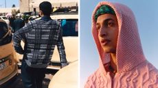 Man on left leaning on car in Morocco in new season menswear, man on right in sunlight wearing hood