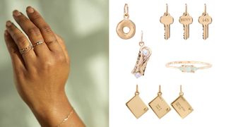 Composite image: selection of charm pendants as well as a hand model wearing a delicate gem stoned ring
