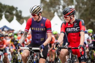 Bradley Wiggins (Team Wiggins) and Rohan Dennis (BMC) have a laugh at the start