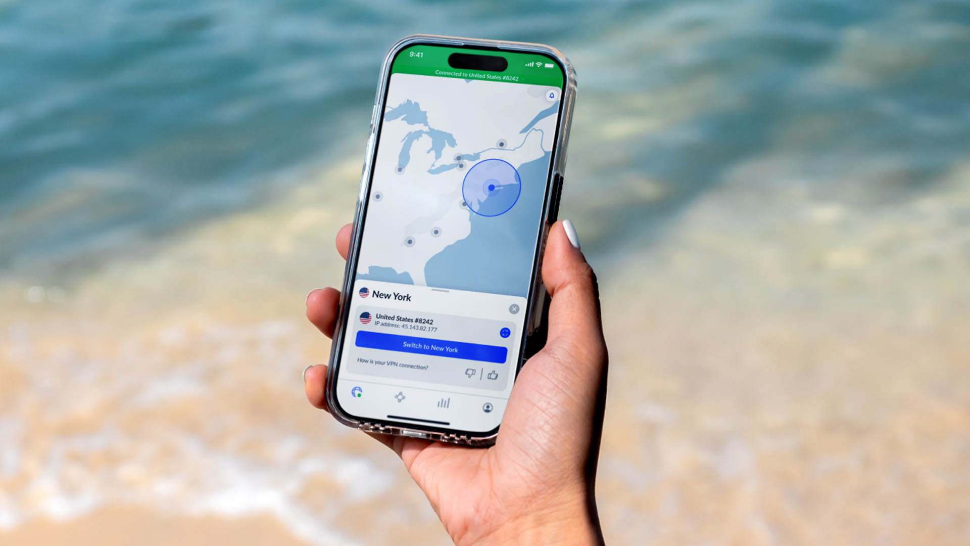 NordVPN app on mobile device, being used on the beach