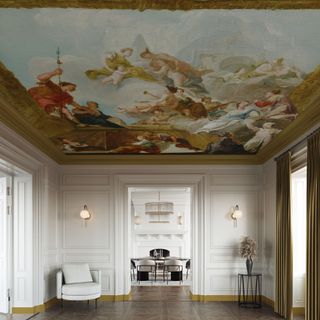 A large scale wallpaper on the ceiling