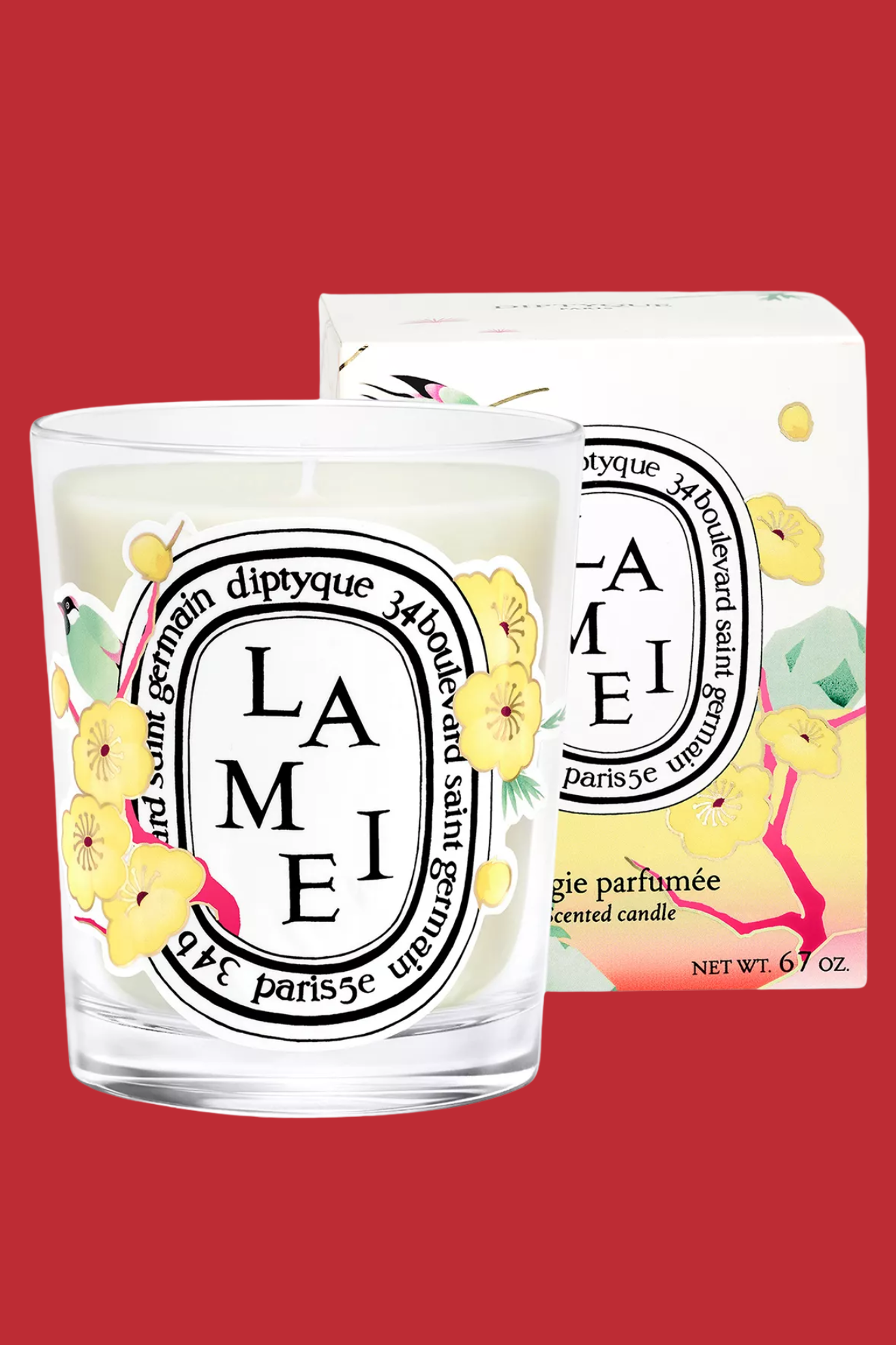 A glass candle with a floral print