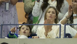 Jessica Biel and her son Silas Timberlake attend day four of the 2024 US Open Tennis Championships at the USTA Billie Jean King Tennis Center on August 29, 2024 in Flushing Meadows, Queens, New York City.