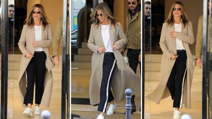 Composite of three images of Jennifer Aniston wearing white trainers, black trousers, a white T-shirt and camel coat as she leaves a Chanel store in Paris in 2017