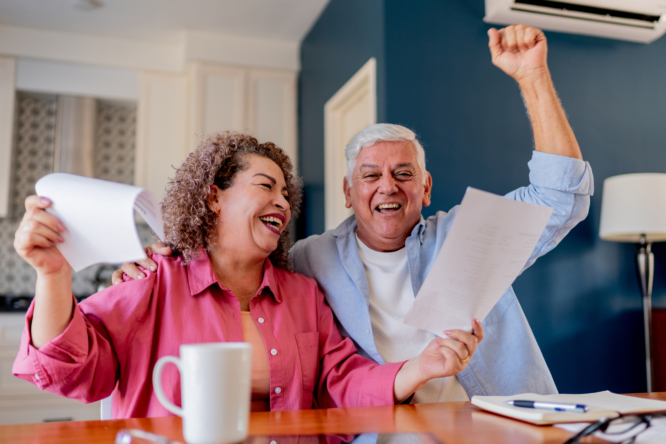 Happy senior couple celebrating while doing home finance - stock photo