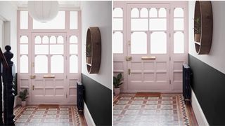 hallway with pastel pink front door, tiled floor and painted stripe wall in black showing a statement paint color idea for hallways