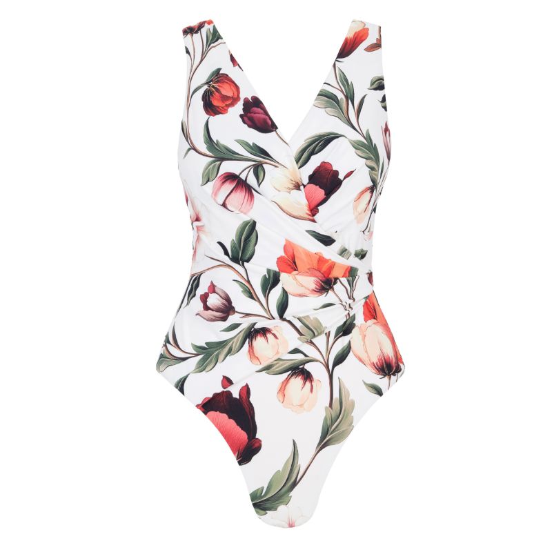Next x Kelly Brook, White/Red Floral Wrap Tummy Control Swimsuit