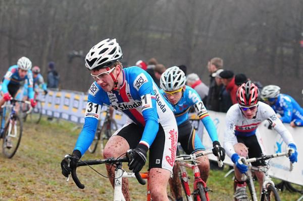 Matej Lasak (Czech Republic) leading some riders around a turn.