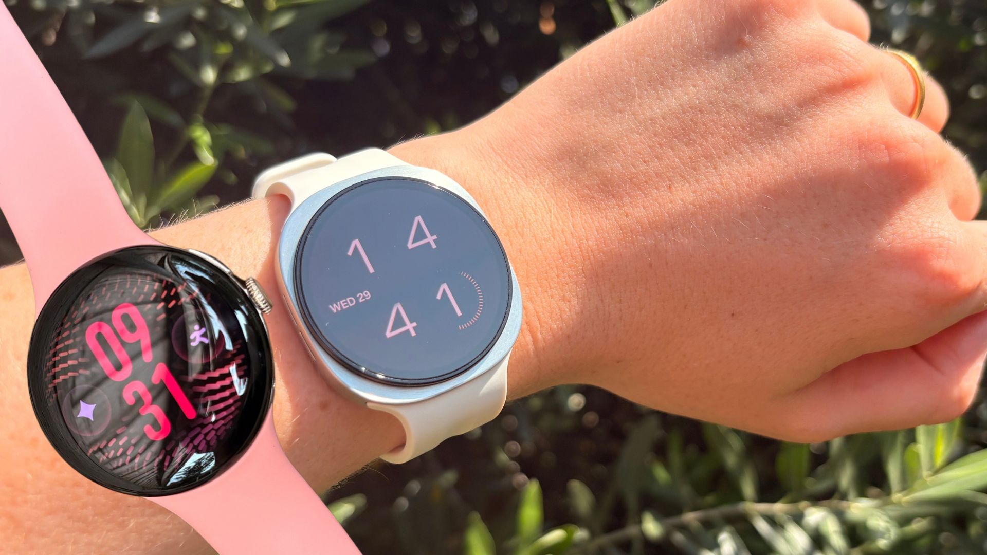 Grace Walsh wearing the Google Pixel Watch 5 vs Samsung Galaxy Watch 9 on one wrist