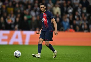 Achraf Hakimi of Paris Saint-Germain during the UEFA Champions League match between Newcastle United FC and Paris Saint-Germain at St. James Park on October 4, 2023 in Newcastle upon Tyne, England. (Photo by MB Media/Getty Images)