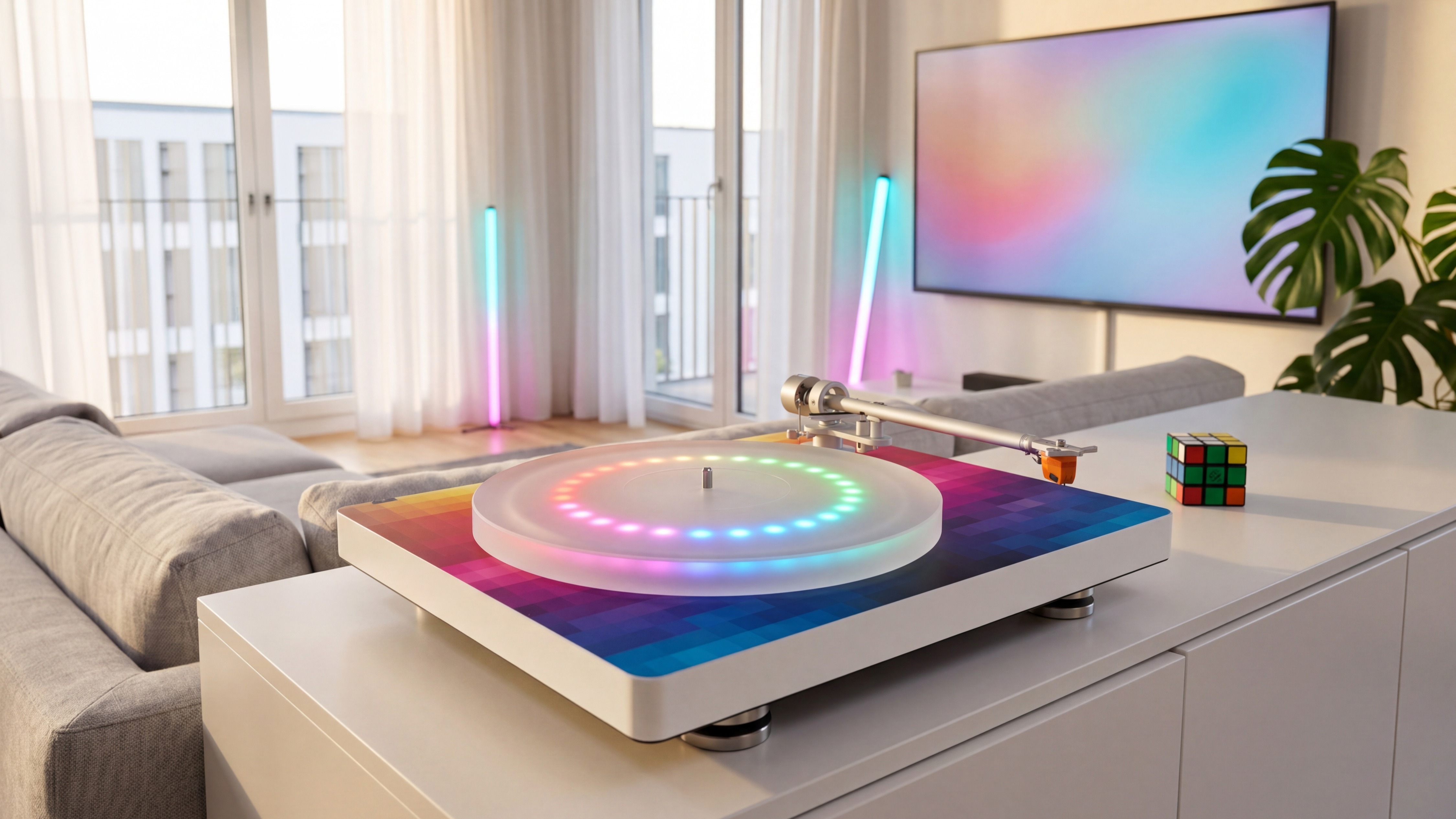 Clearaudio Compass GT gaming turntable with LEDs on a white sideboard