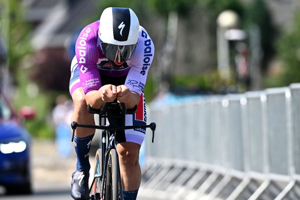 BEVEREN BELGIUM JUNE 16 Fabio Jakobsen of The Netherlands and Team Soudal QuickStep Purple Leader Jersey sprints during the 92nd Baloise Belgium Tour 2023 Stage 3 a 152km individual time trial stage from Beveren to Beveren on June 16 2023 in Beveren Belgium Photo by Mark Van HeckeGetty Images