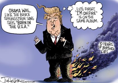 Political cartoon U.S. election 2016 Donald Trump birther issue lies