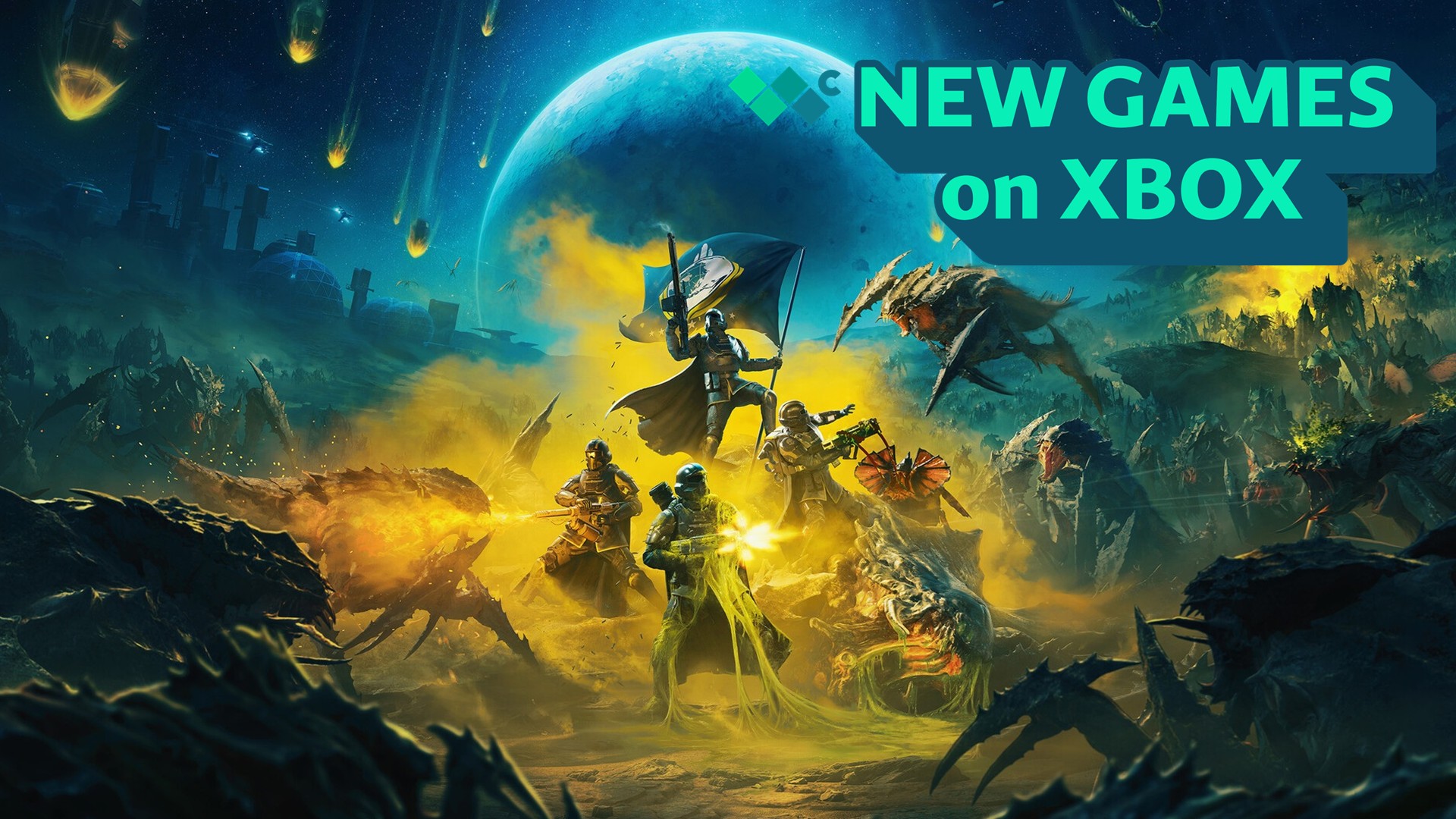 Helldivers 2 key art with the text "New Games on Xbox" in the upper-right corner