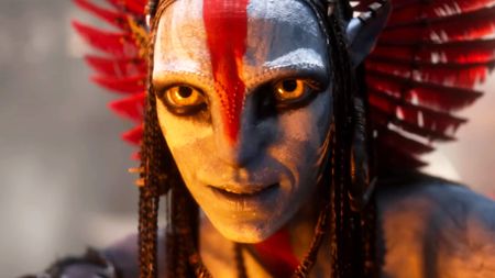 A close-up of Varang half-smiling in Avatar: Fire and Ash