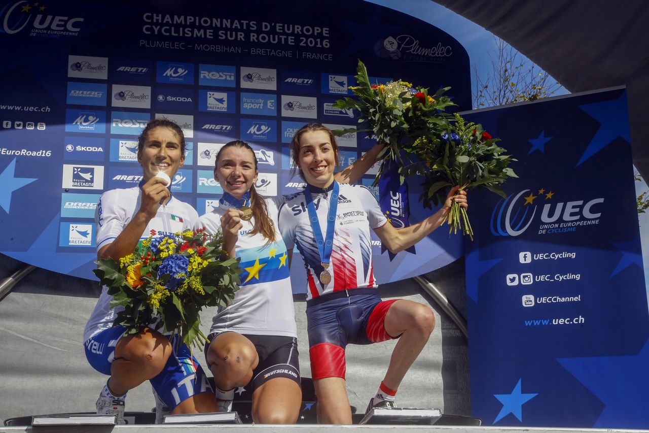 The final podium of Lippert, Balsano, and Wright in Plumelec