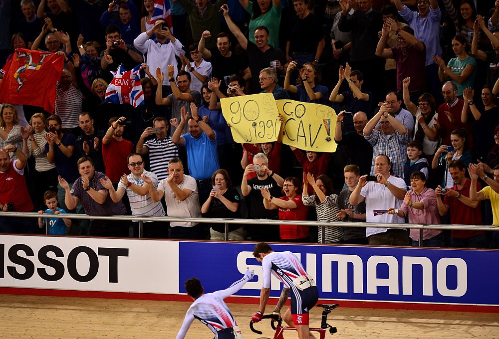 The British fans celebrate Wiggins and Cavendish's win in the Madison