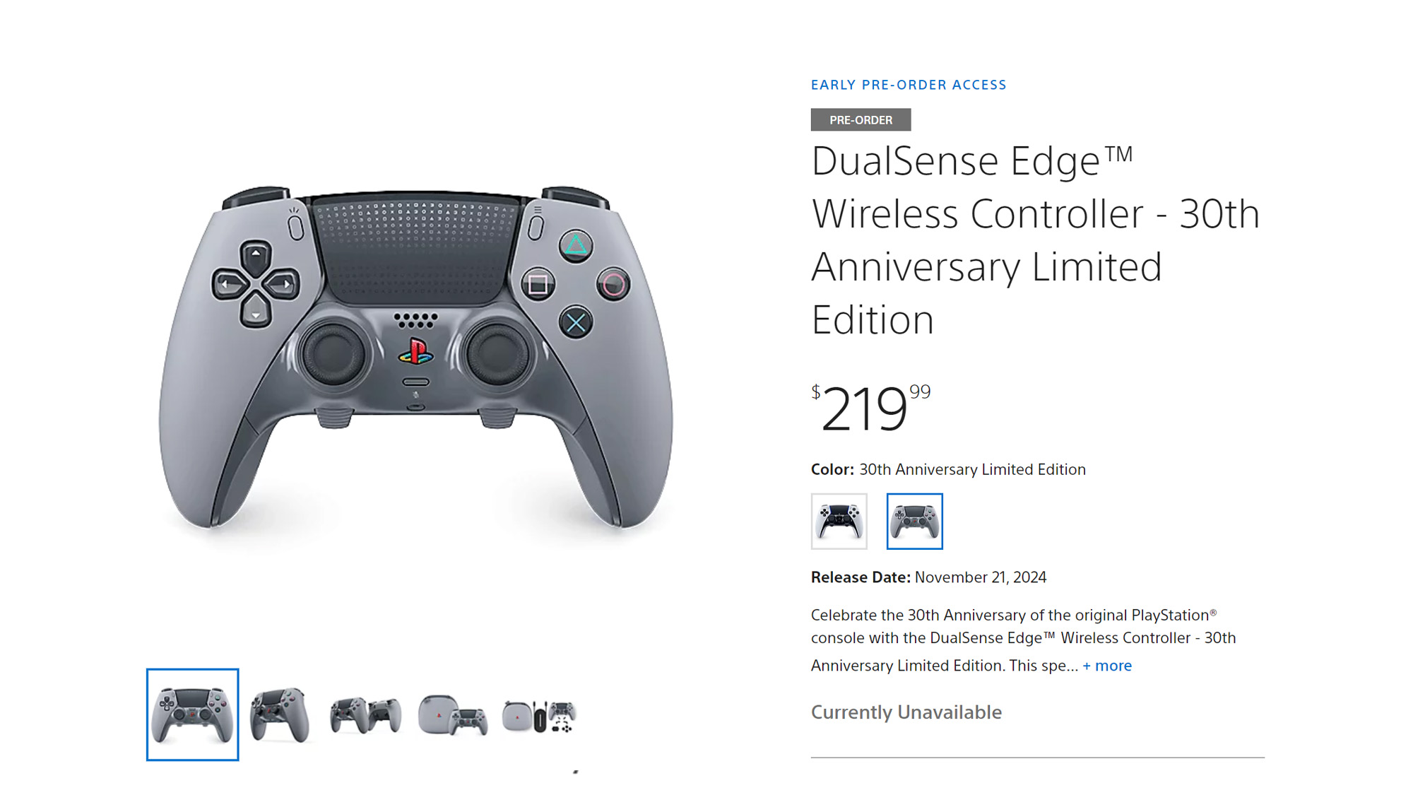 The PS5 30th anniversary DualSense Edge controller product page with a 'currently unavailable' status