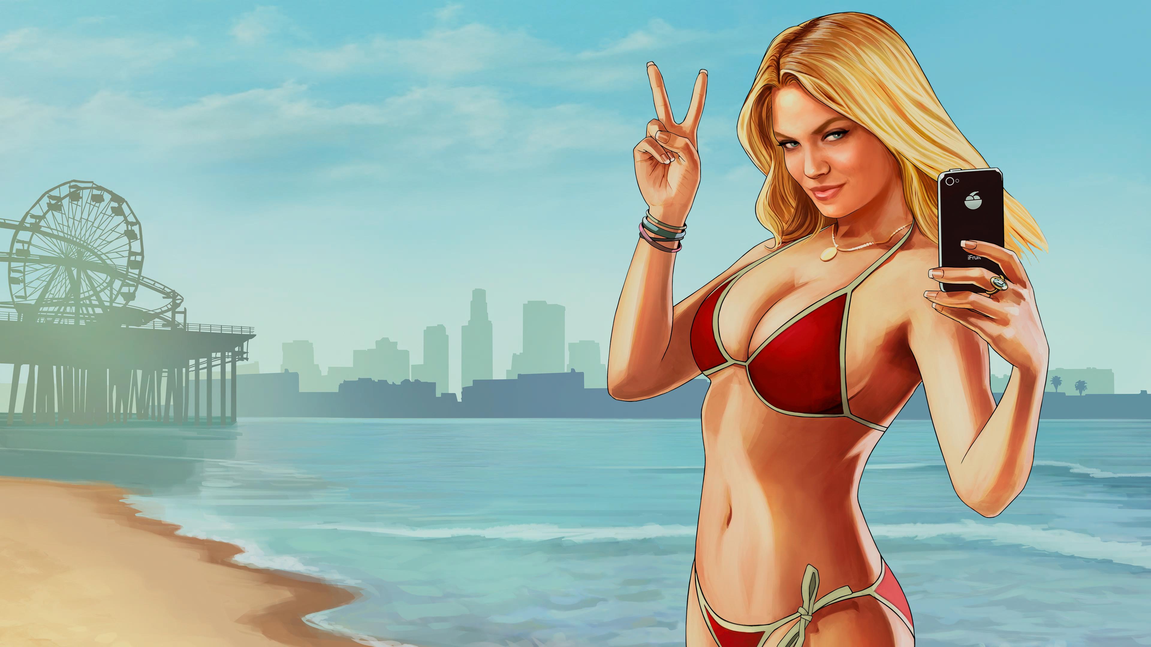 Key art for Grand Theft Auto 5 showing a blonde woman in a red bikini taking a selfie with the peace sign on a sunny beach