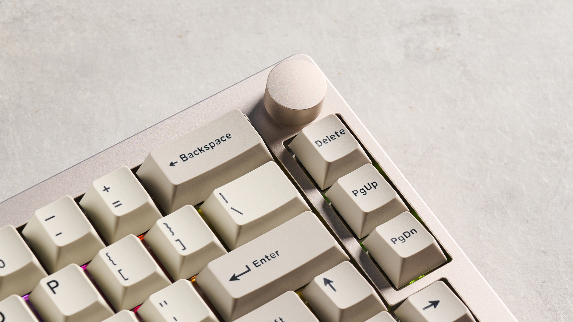 A khaki Epomaker P65 mechanical keyboard with linear switches