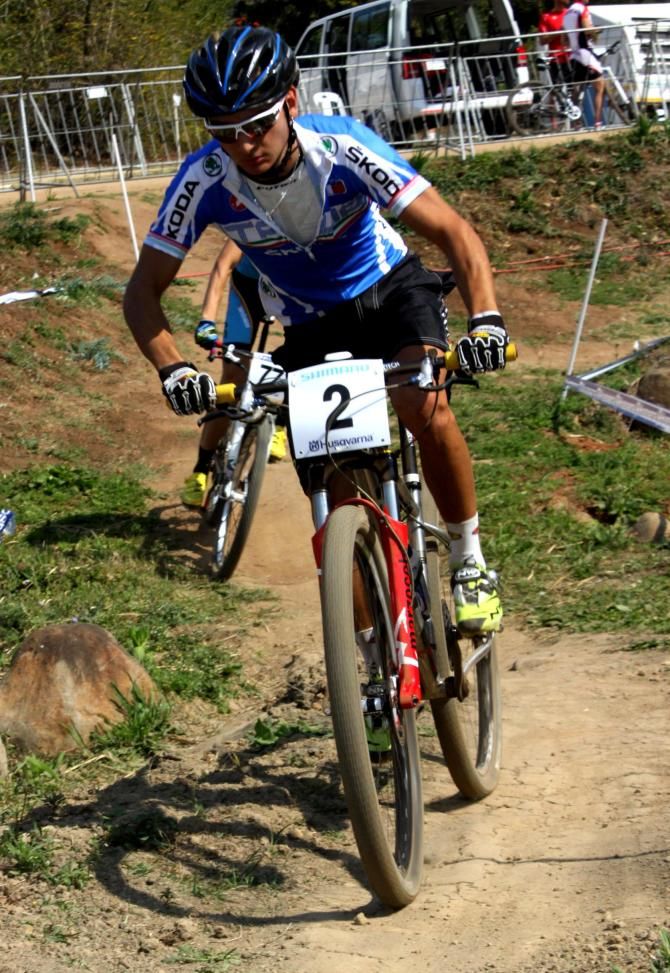 Italy's Gioelel Bertolini tackles the new Buck Jump alley section of the cross country course