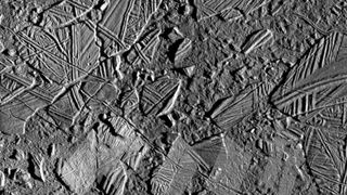 A view from the Galileo spacecraft of a "chaos" region on Jupiter's icy moon Europa.