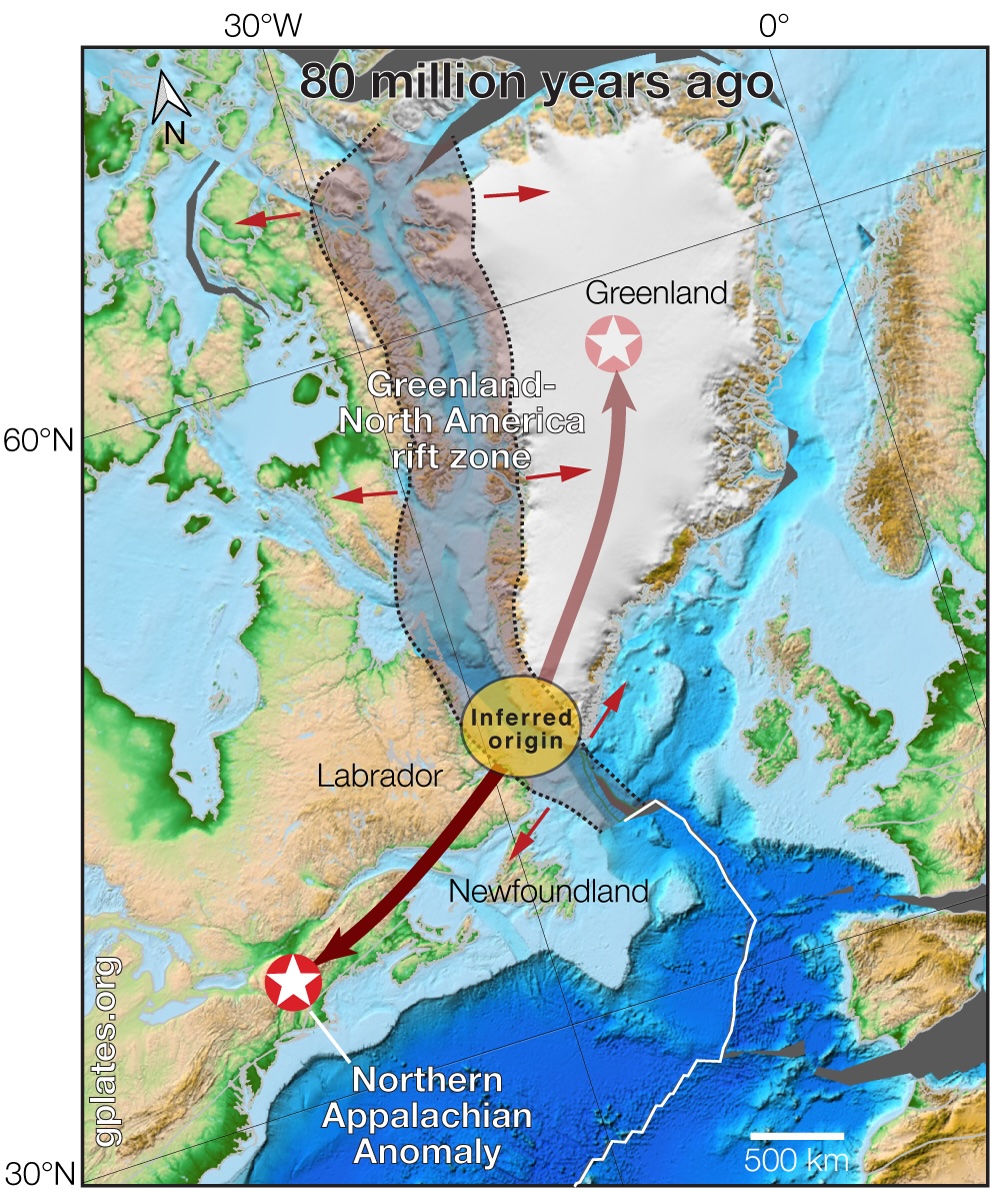 A map showing the Greenland-North America rift zone and the Northern Appalachian Anomaly