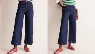 Two images of a woman wearing cropped denim jeans