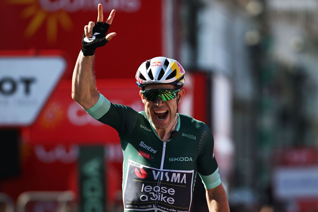 BAIONA SPAIN AUGUST 27 Wout van Aert of Belgium and Team Visma Lease a Bike Green Points Jersey celebrates at finish line as stage winner during the La Vuelta 79th Tour of Spain 2024 Stage 10 a 160km stage from Ponteareas to Baiona UCIWT on August 27 2024 in Baiona Spain Photo by Dario BelingheriGetty Images