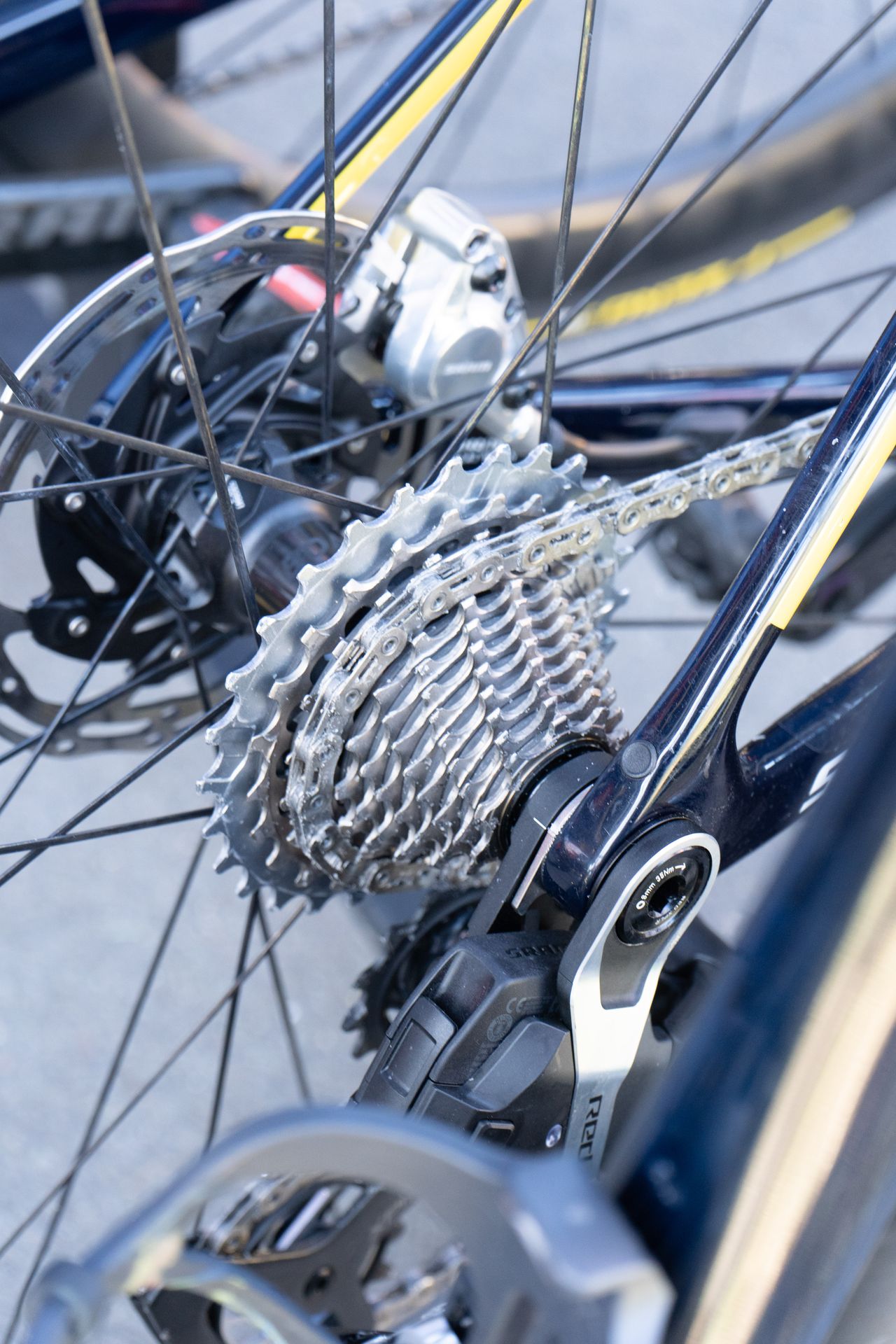 While it's designed to work with a 13sp cassette, it's been forced into working with a 12sp road cassette here.